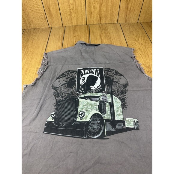 POW MIA Big Rig Truck Mens Shirt L Gray Raw Edges Sleeveless Front Buttons - Picture 5 of 16